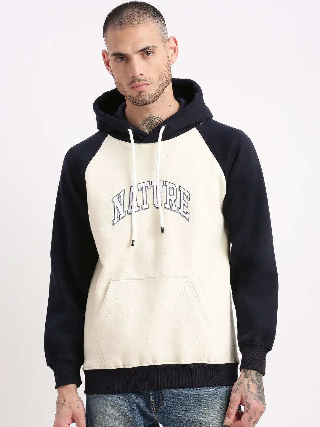 Men's Cream Colourblocked Hooded Pullover