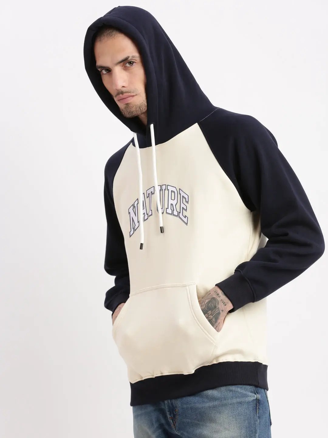 Men's Cream Colourblocked Hooded Pullover