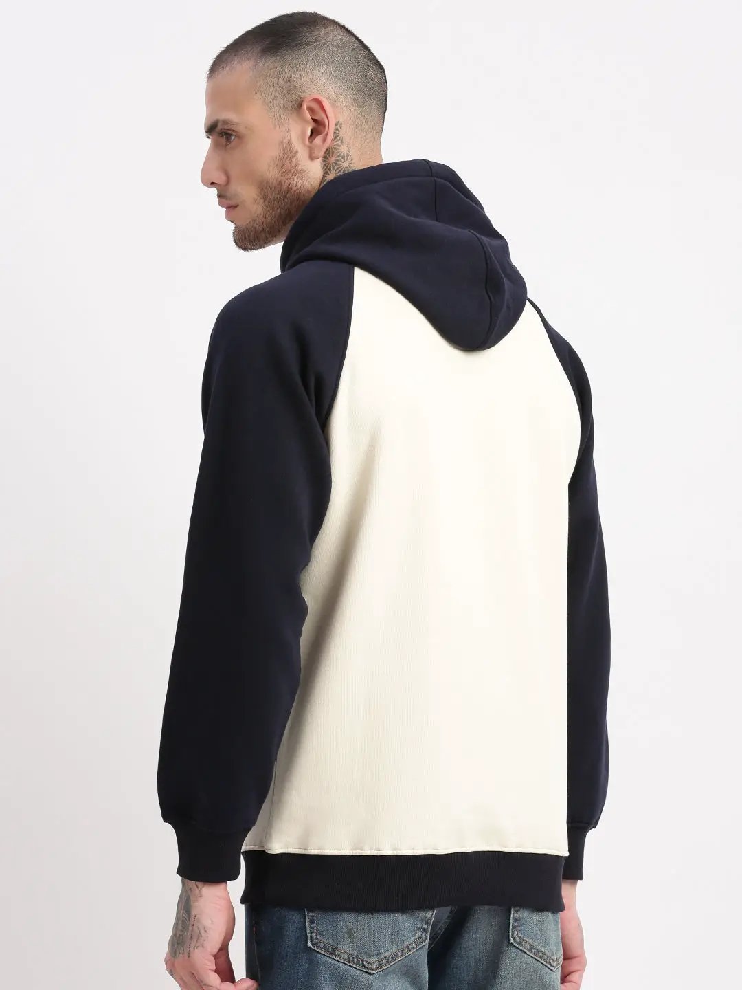 Men's Cream Colourblocked Hooded Pullover