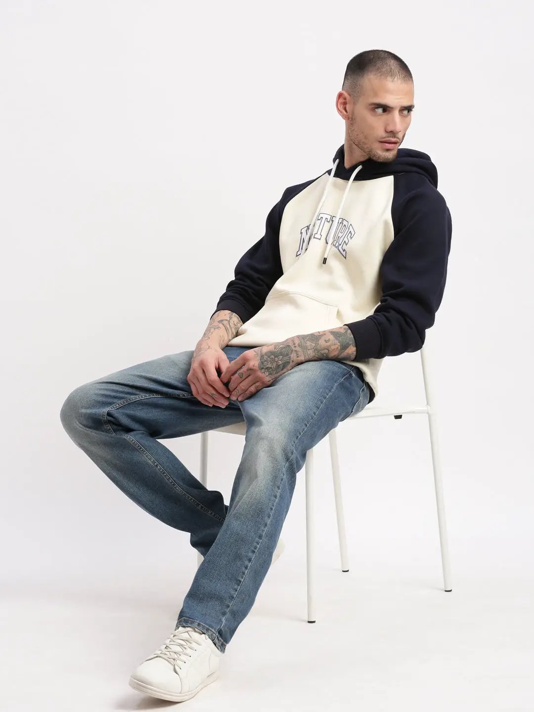 Men's Cream Colourblocked Hooded Pullover