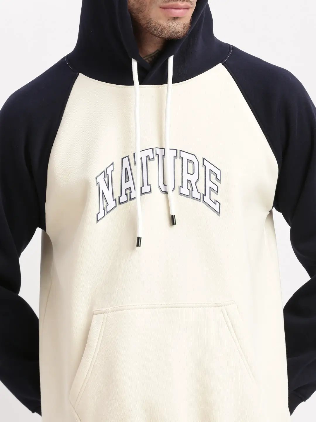 Men's Cream Colourblocked Hooded Pullover