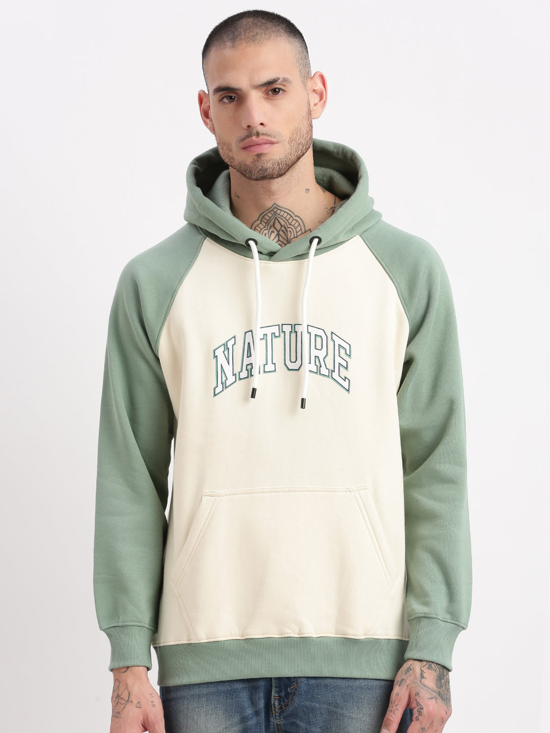 Men Cream Colourblocked Hooded Pullover