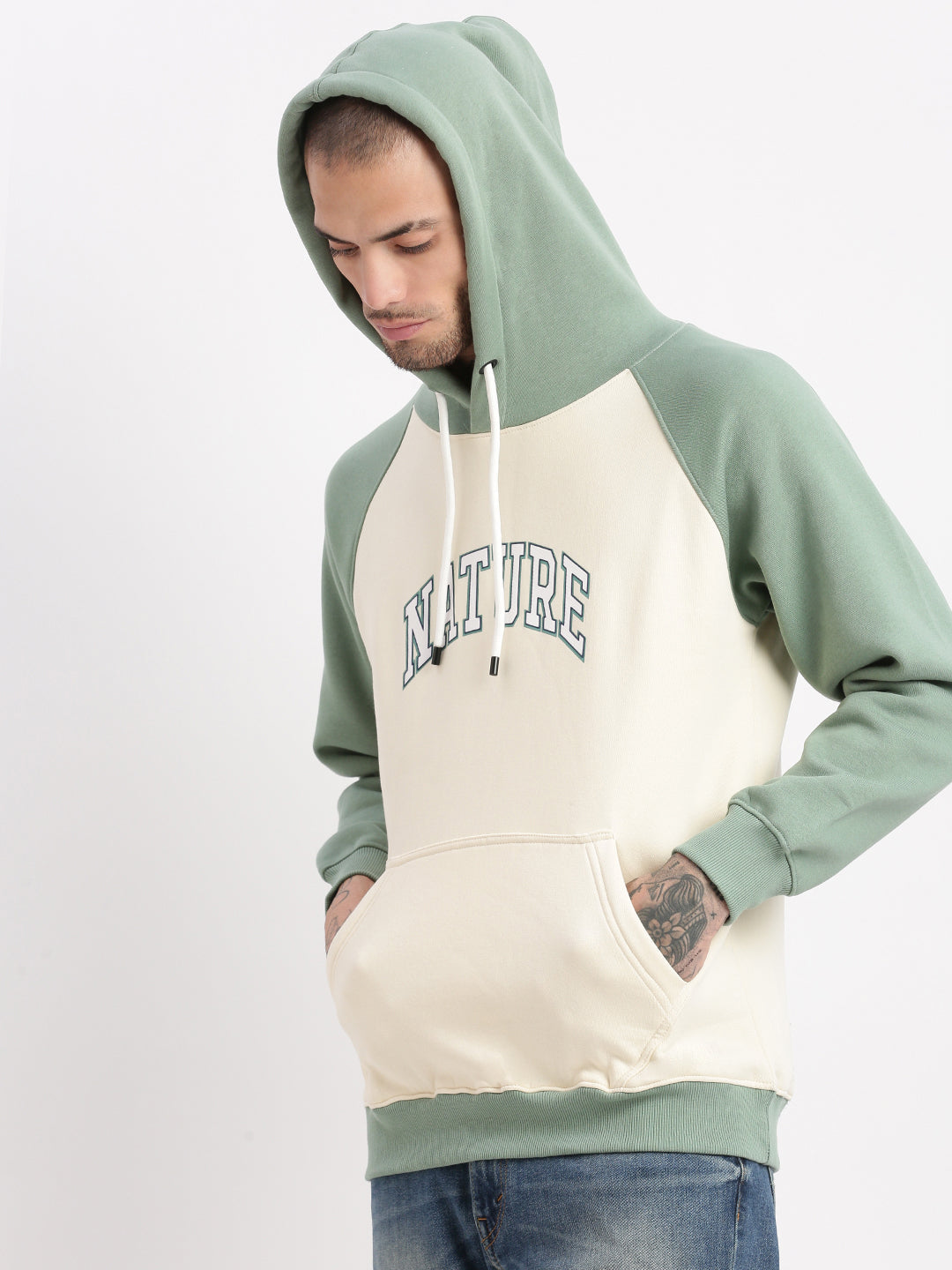 Men Cream Colourblocked Hooded Pullover