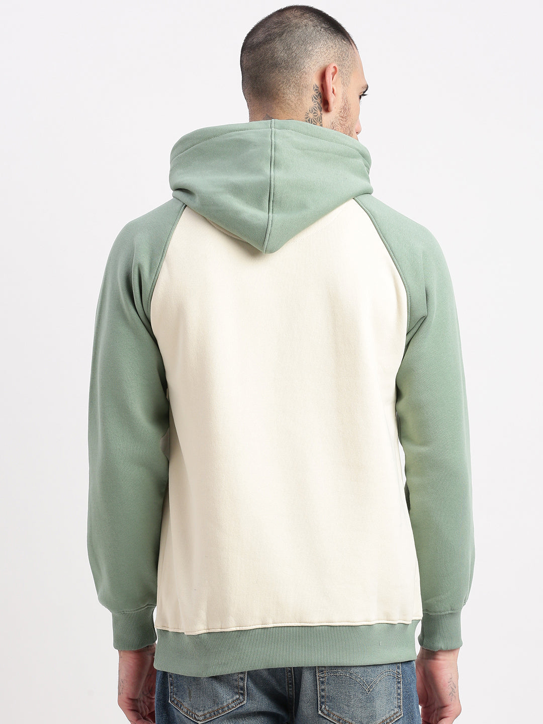 Men Cream Colourblocked Hooded Pullover