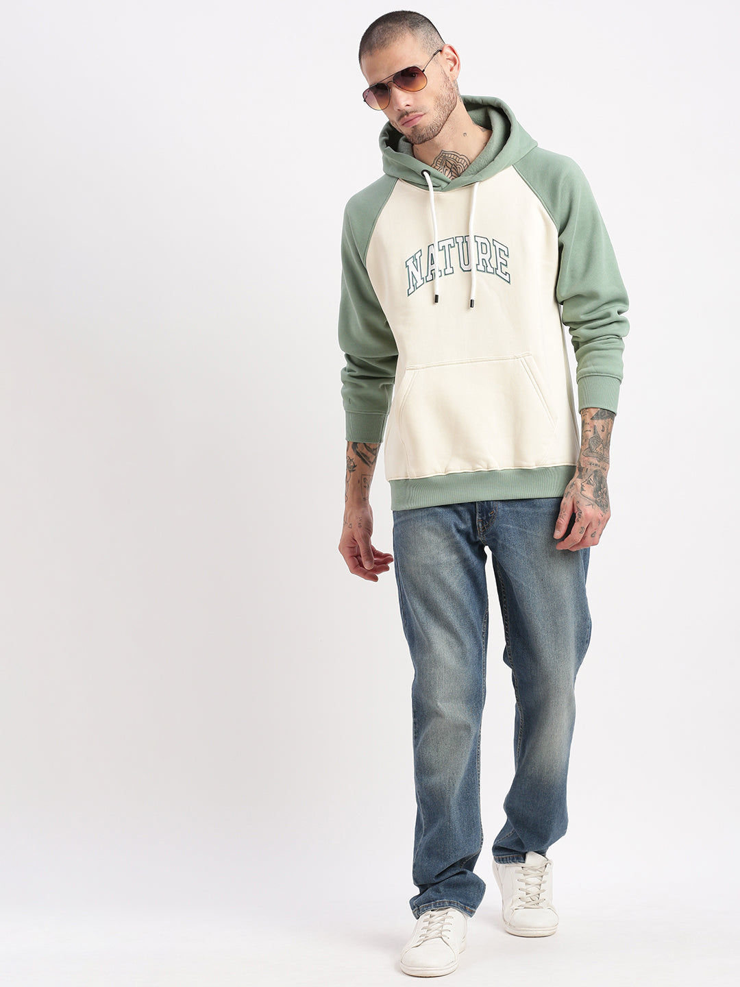 Men Cream Colourblocked Hooded Pullover