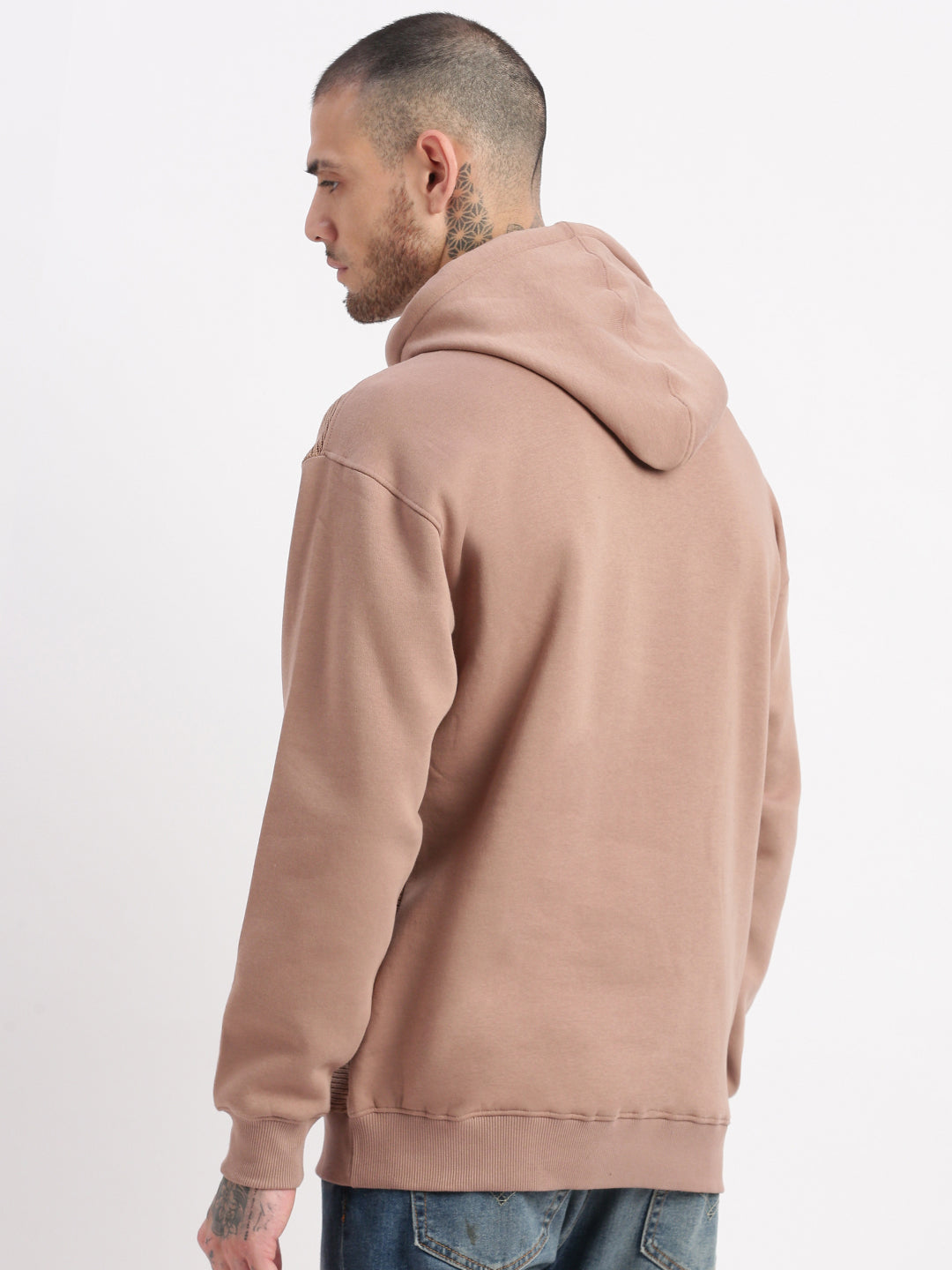 Men Beige Solid Hooded Pullover