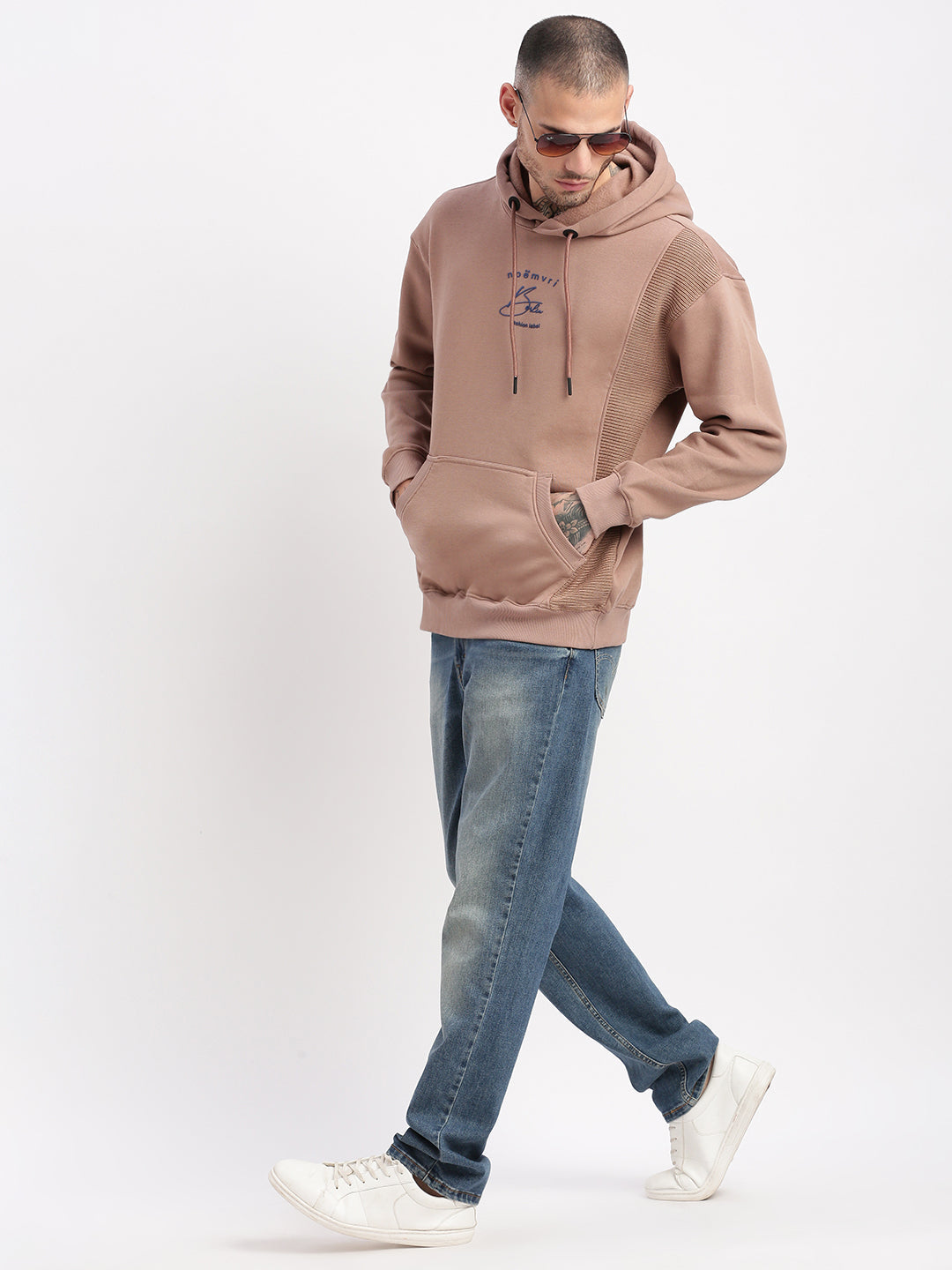 Men Beige Solid Hooded Pullover