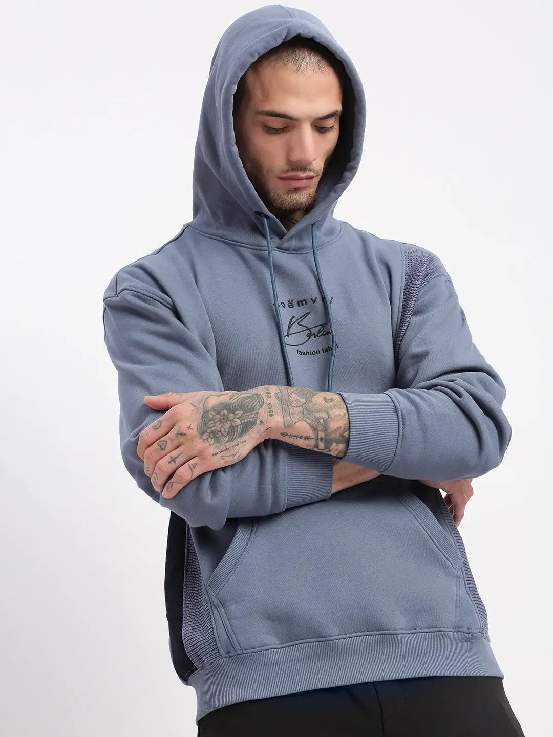 Men's Blue Solid Hooded Pullover