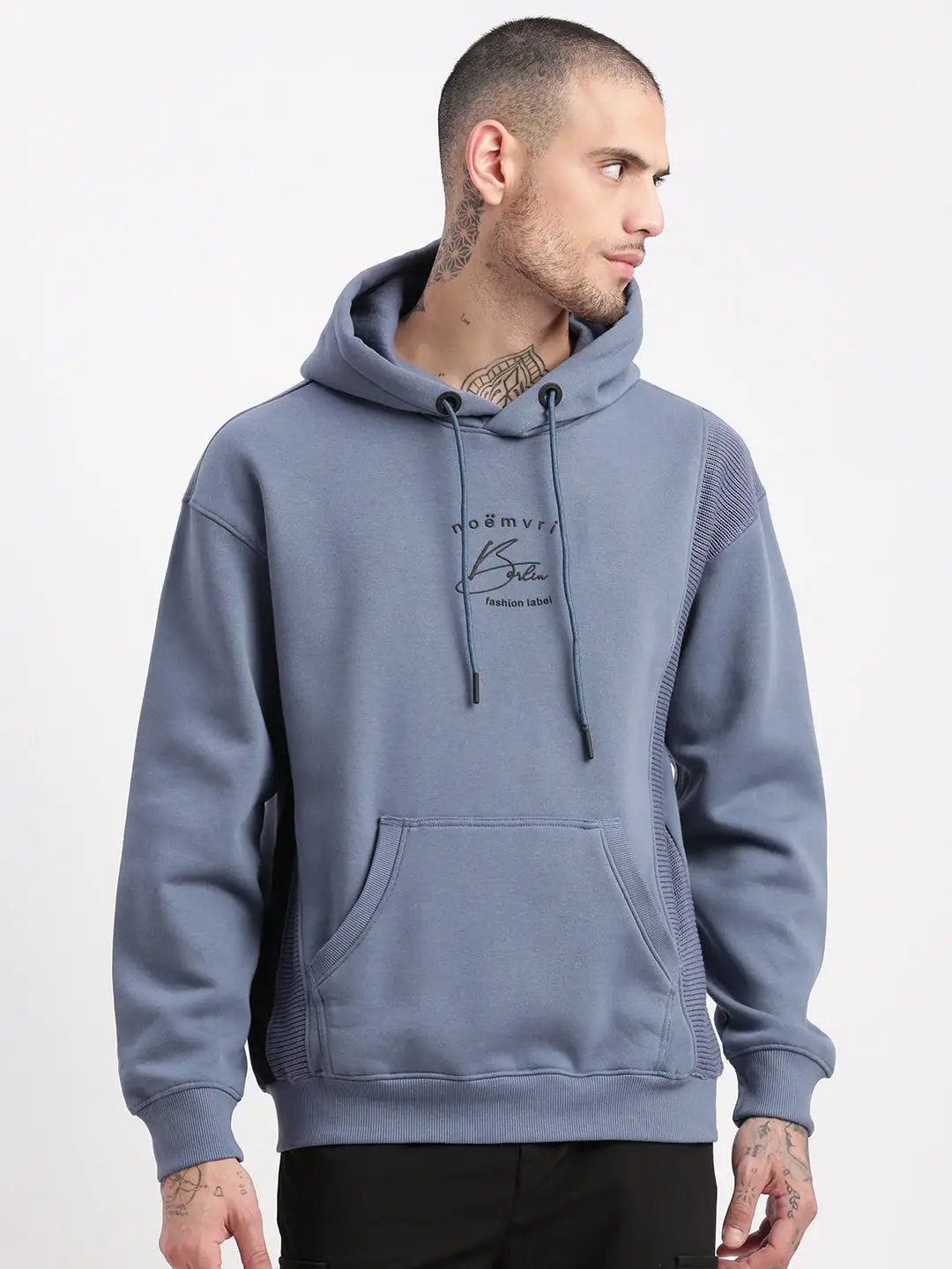 Men's Blue Solid Hooded Pullover