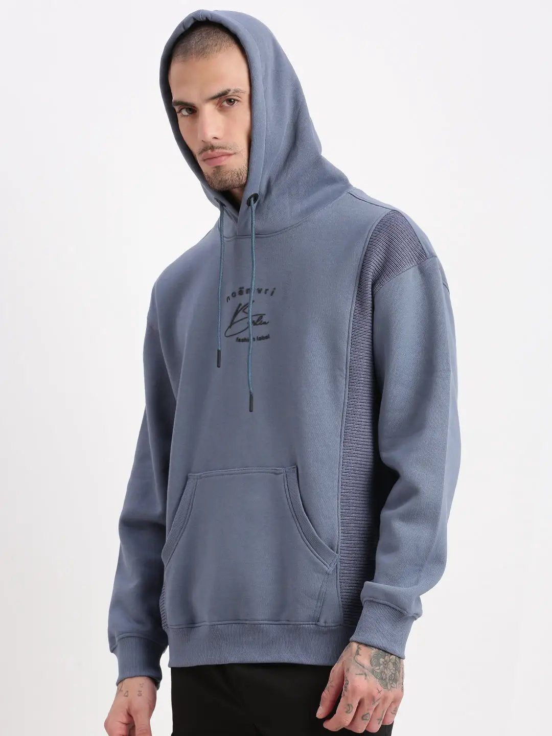 Men's Blue Solid Hooded Pullover