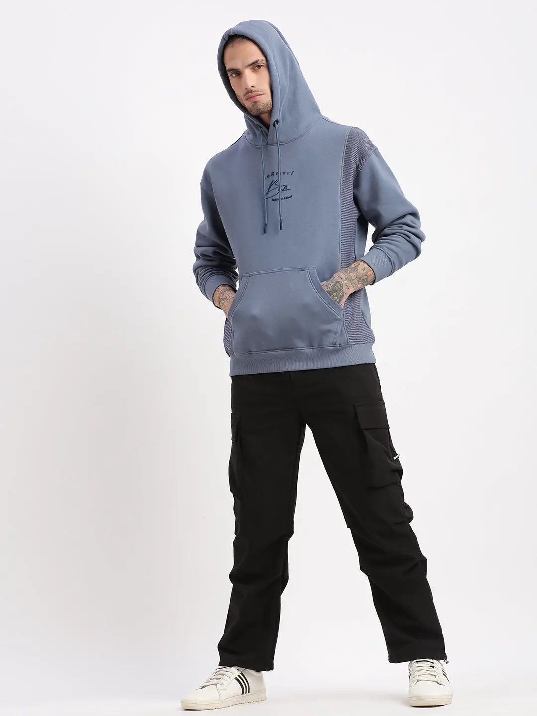 Men's Blue Solid Hooded Pullover