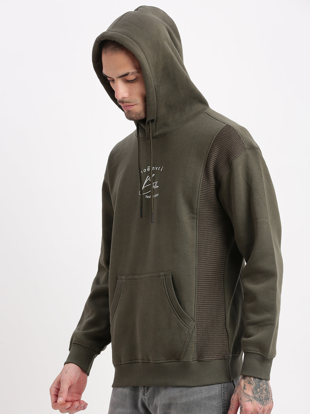 Men Green Solid Hooded Pullover