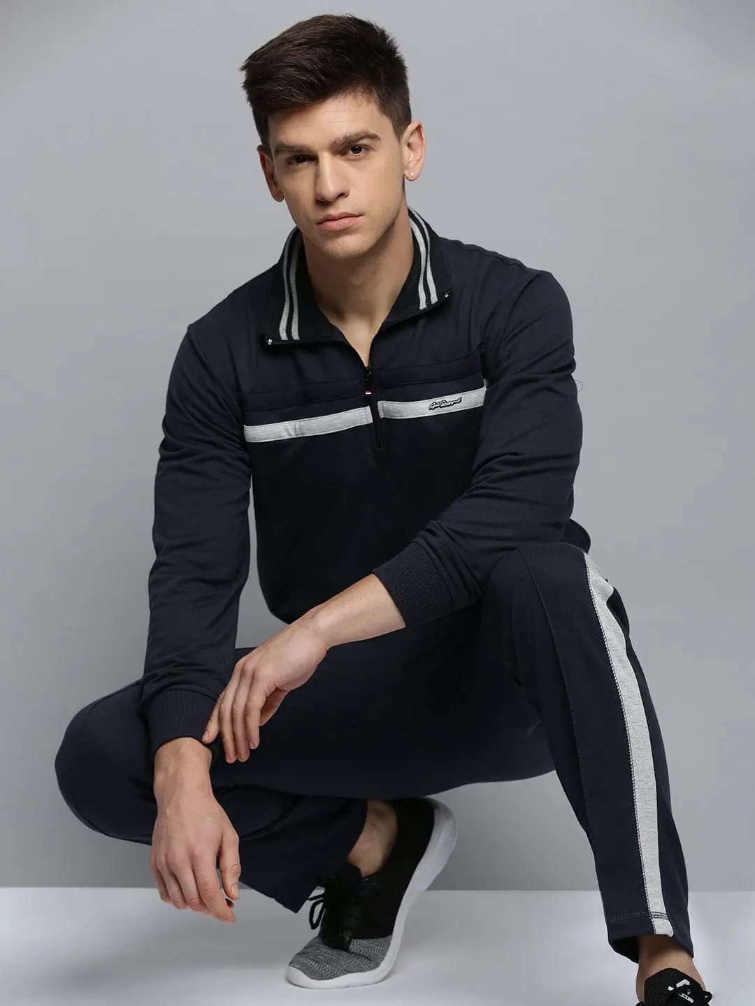 Men's Mock Collar Solid Navy Blue Tracksuit