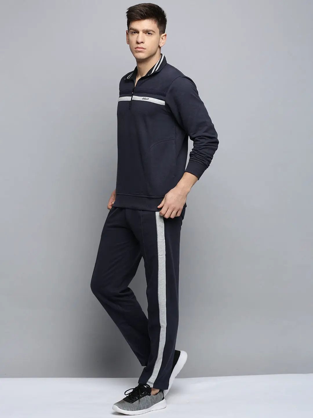 Men's Mock Collar Solid Navy Blue Tracksuit