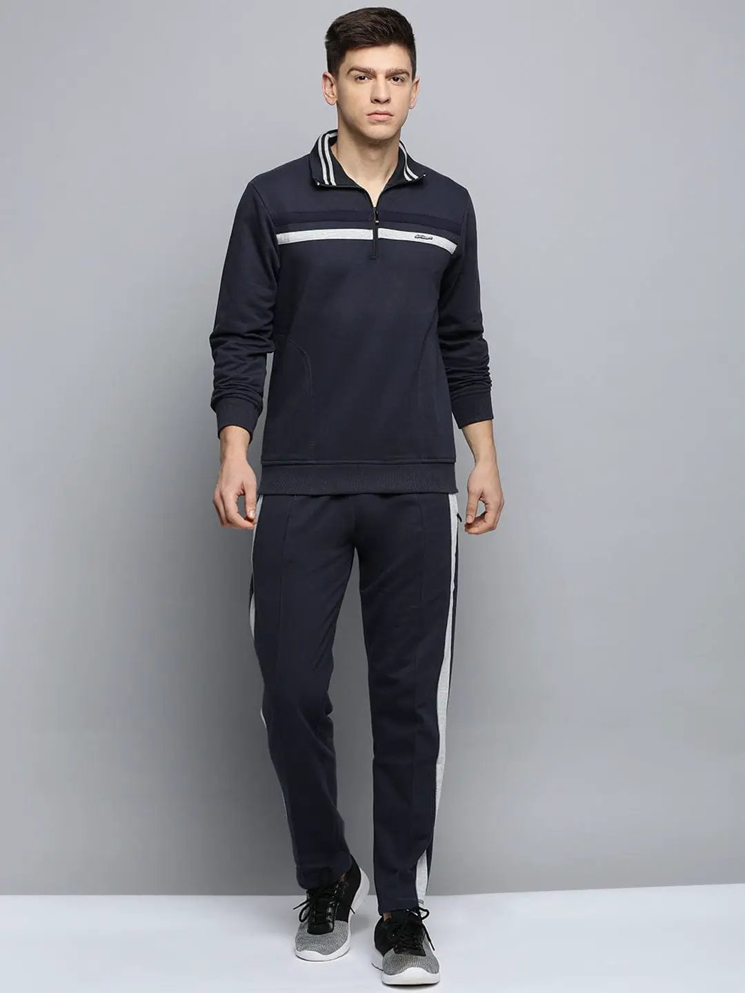 Men's Mock Collar Solid Navy Blue Tracksuit