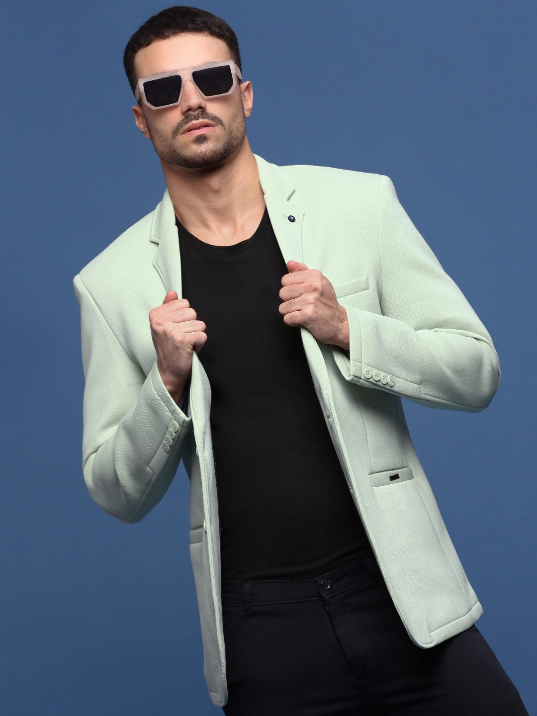 Men Sea Green Slim Fit Single Breasted Blazer