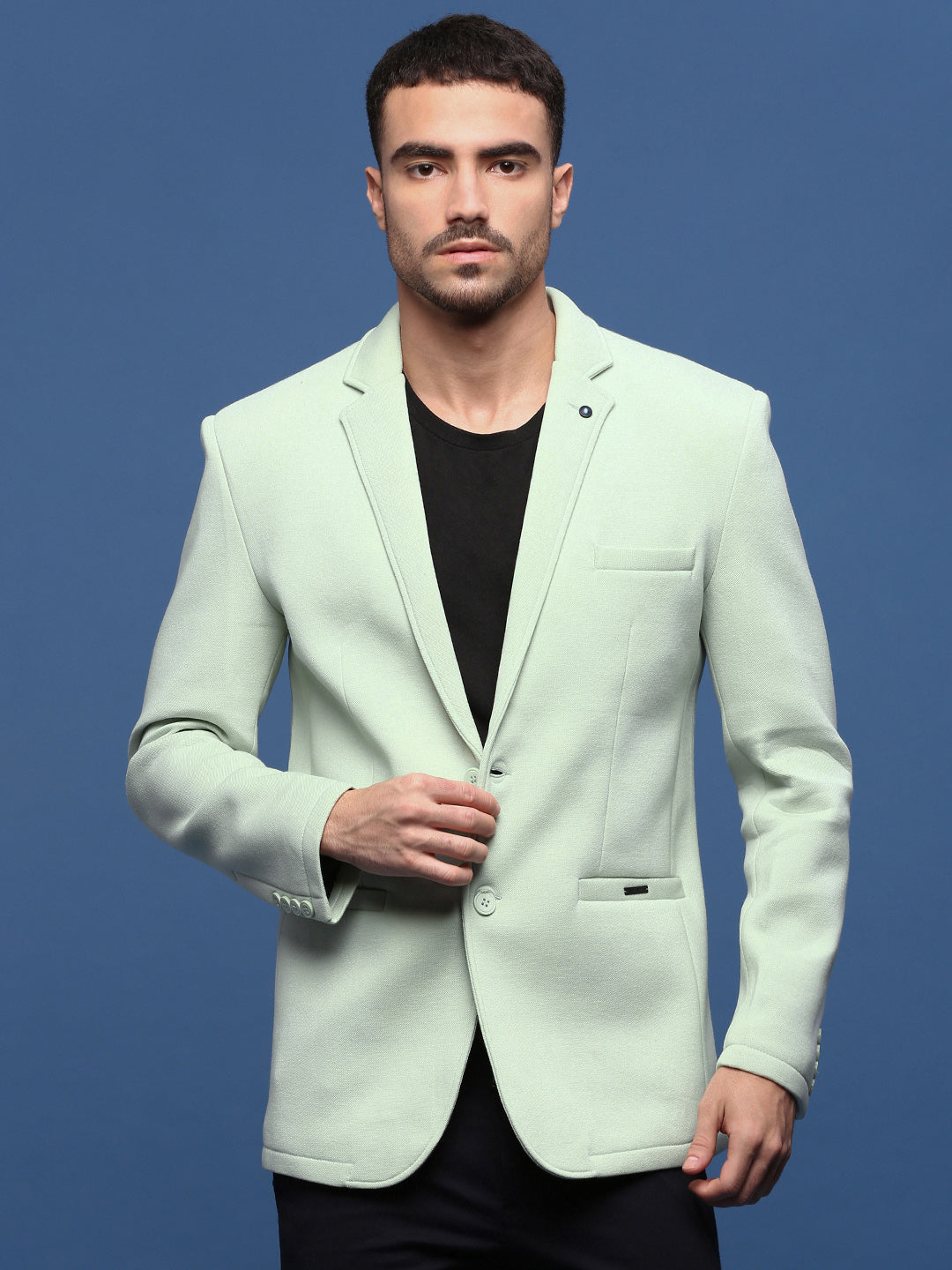 Men Sea Green Slim Fit Single Breasted Blazer