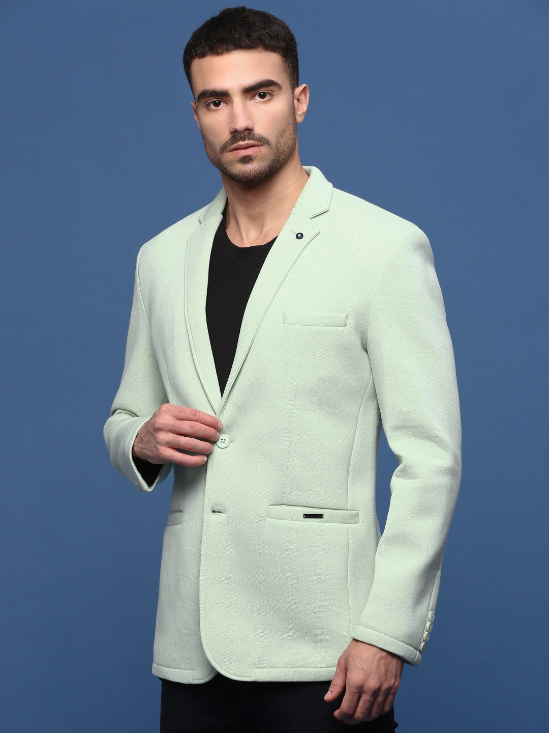 Men Sea Green Slim Fit Single Breasted Blazer