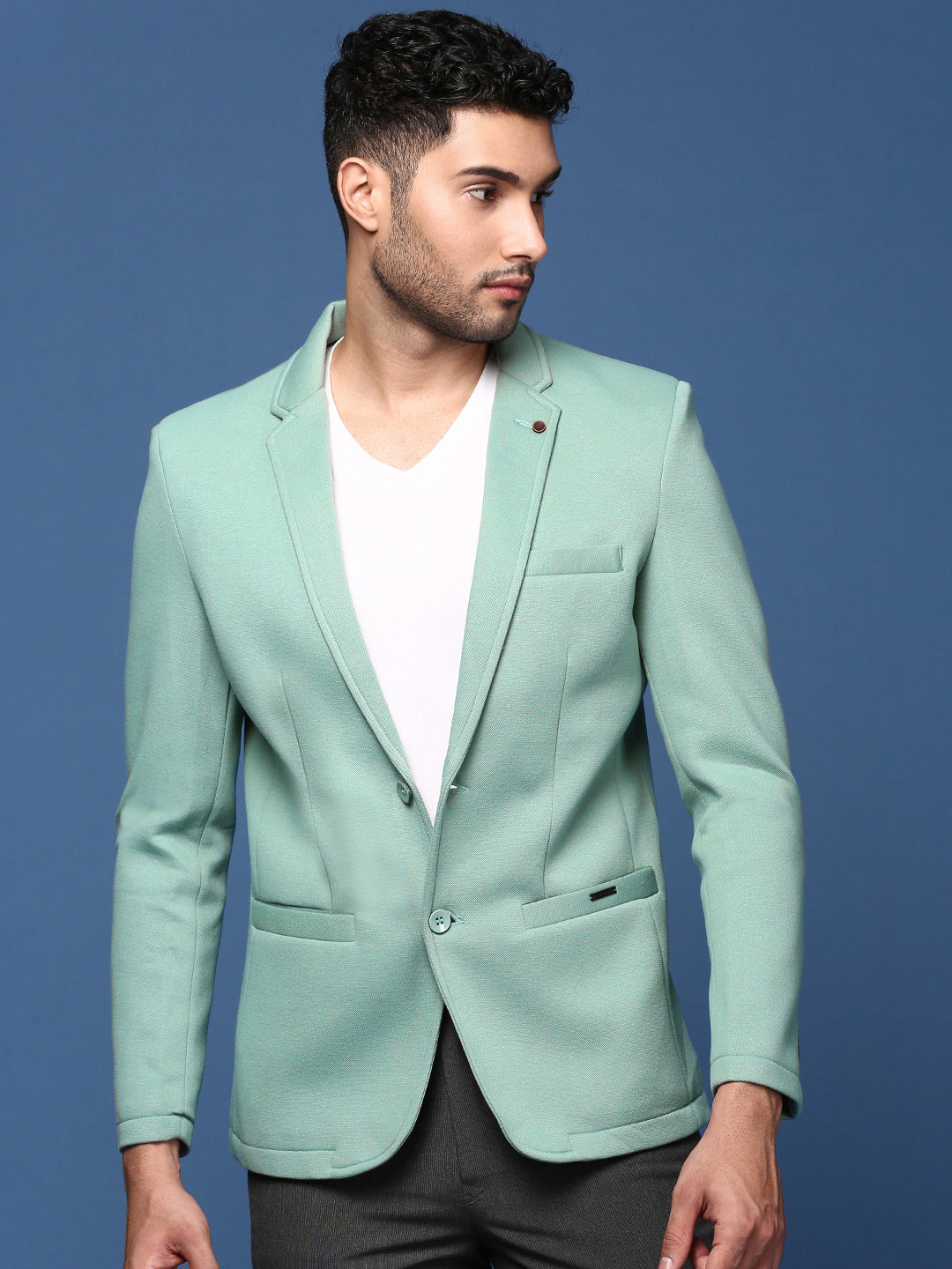 Men Sea Green Slim Fit Single Breasted Blazer