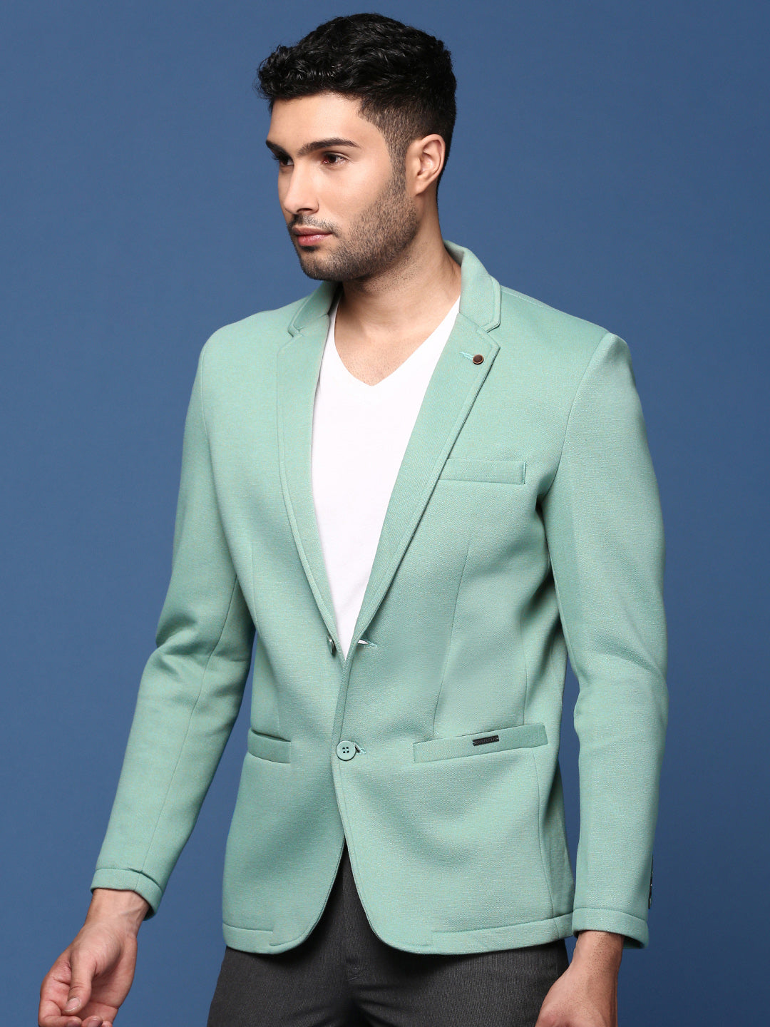 Men Sea Green Slim Fit Single Breasted Blazer