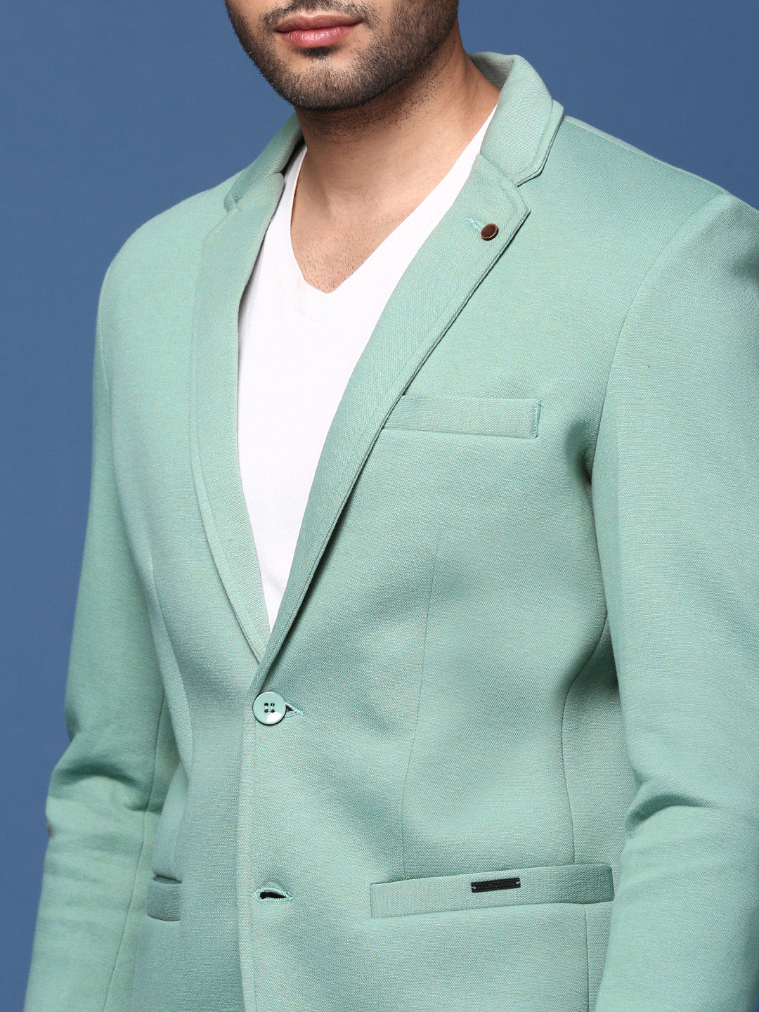 Men Sea Green Slim Fit Single Breasted Blazer