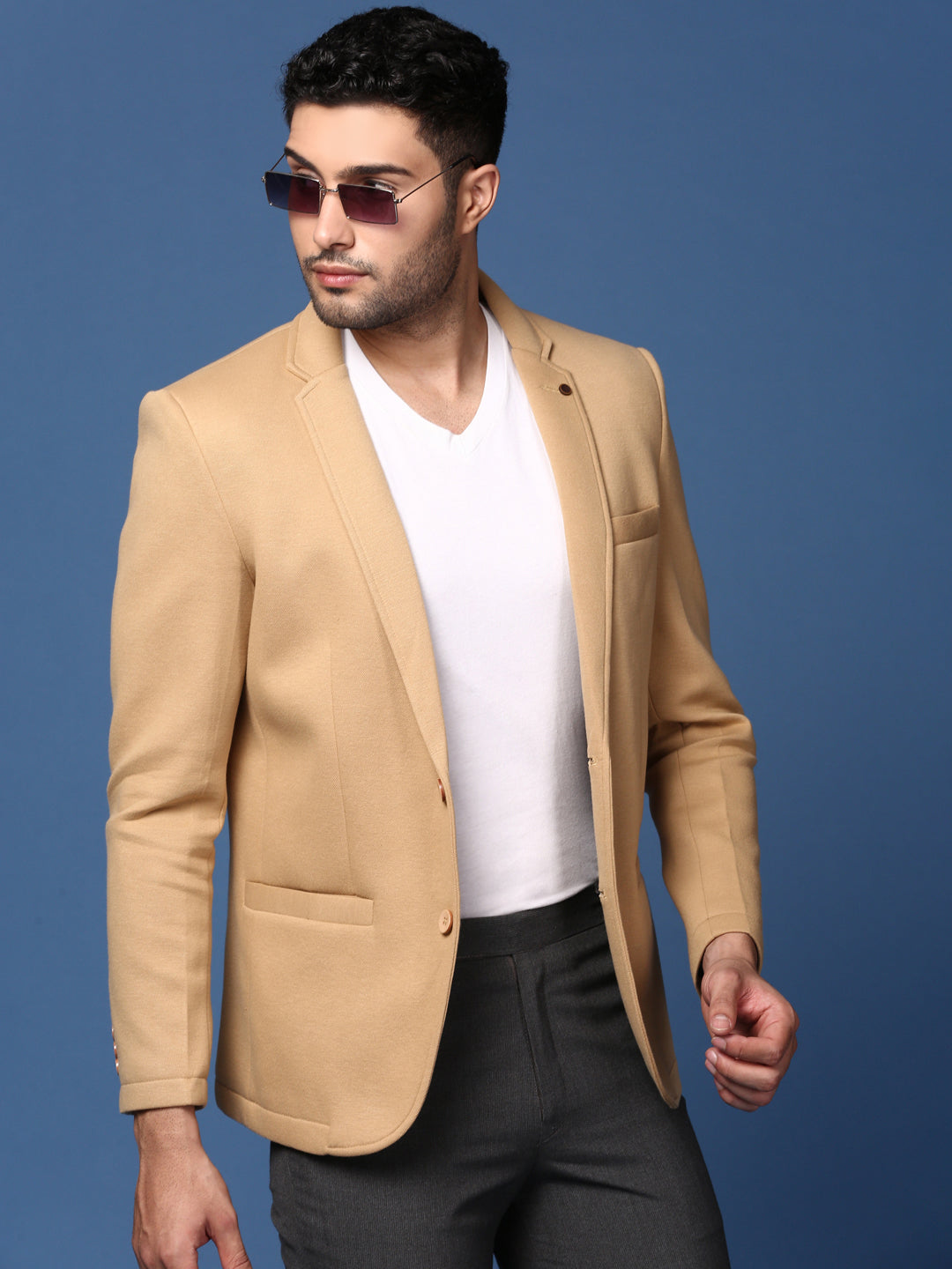 Men Khaki Slim Fit Single Breasted Blazer