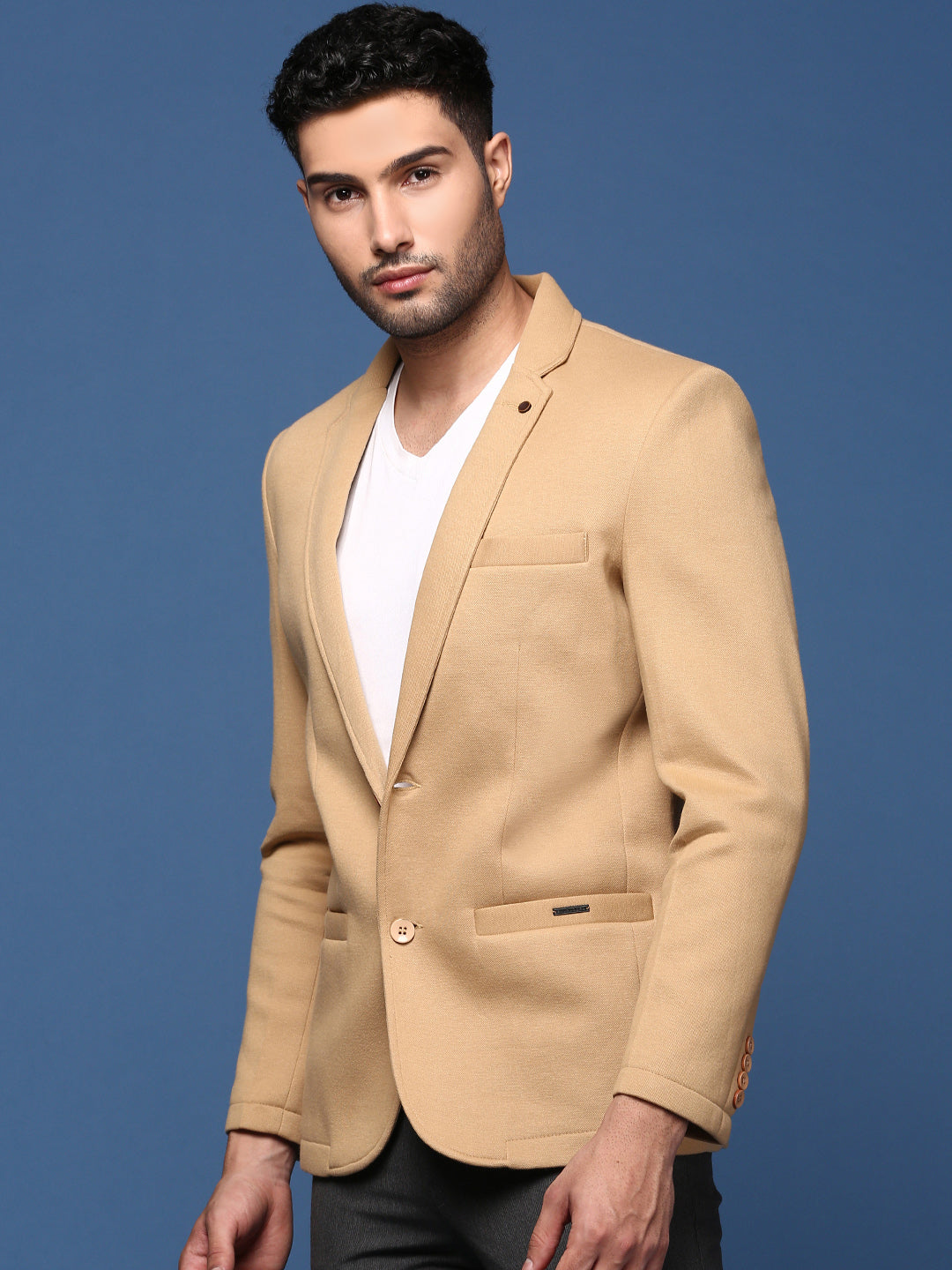 Men Khaki Slim Fit Single Breasted Blazer