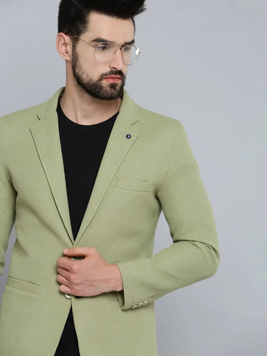 Men's Olive Self Design Single-Breasted Regular-Fit Blazer - from SHOWOFFFF