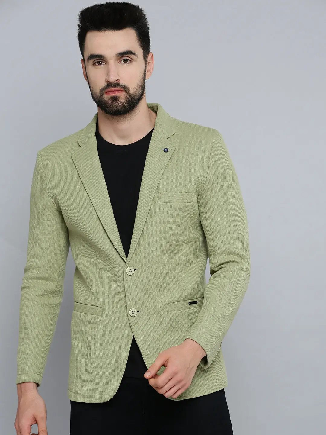 Men's Olive Self Design Single-Breasted Regular-Fit Blazer - from SHOWOFFFF