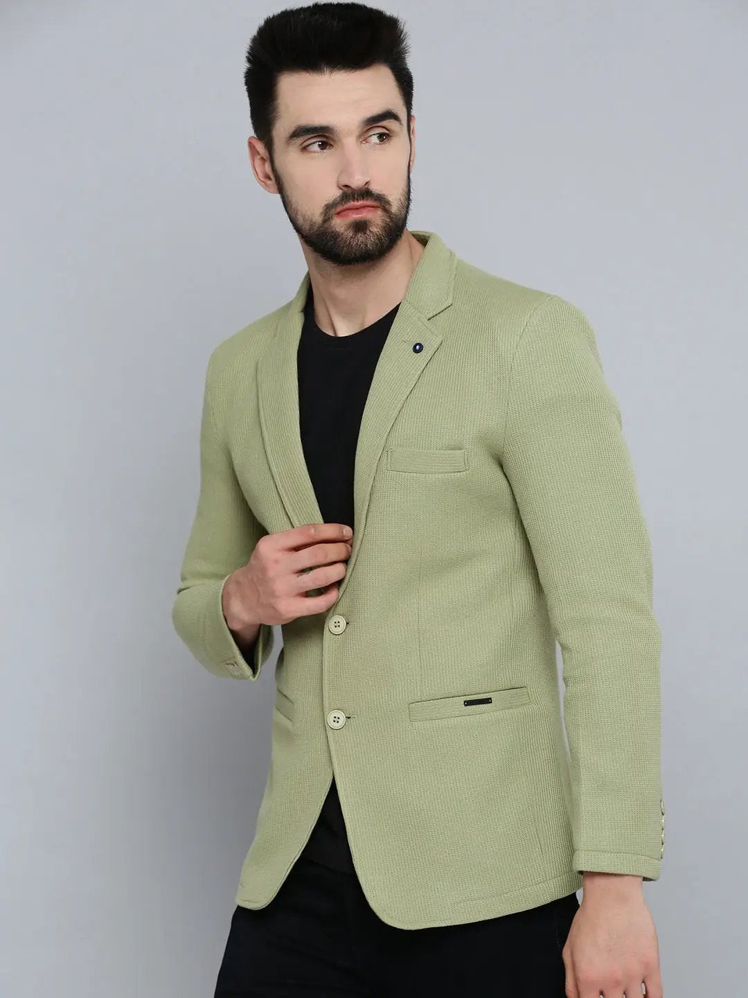 Men's Olive Self Design Single-Breasted Regular-Fit Blazer - from SHOWOFFFF