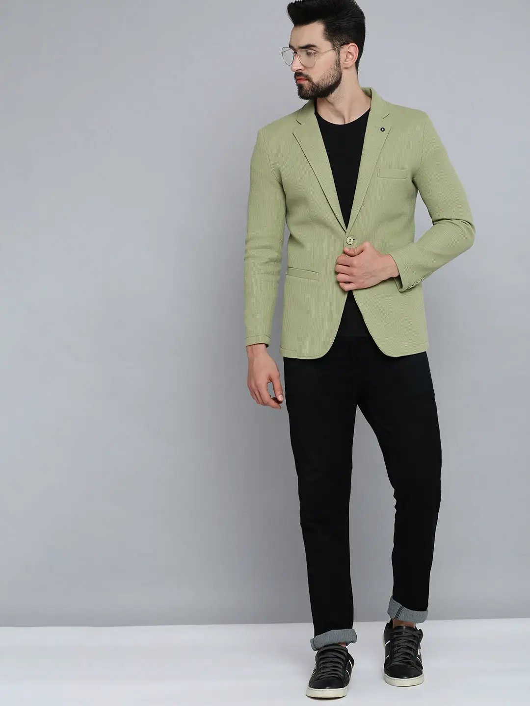 Men's Olive Self Design Single-Breasted Regular-Fit Blazer - from SHOWOFFFF