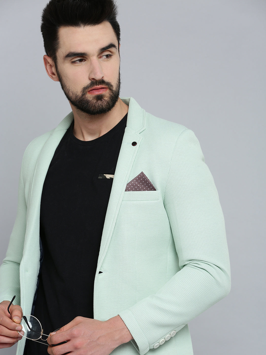 Men Sea Green Solid Single Breasted Blazer