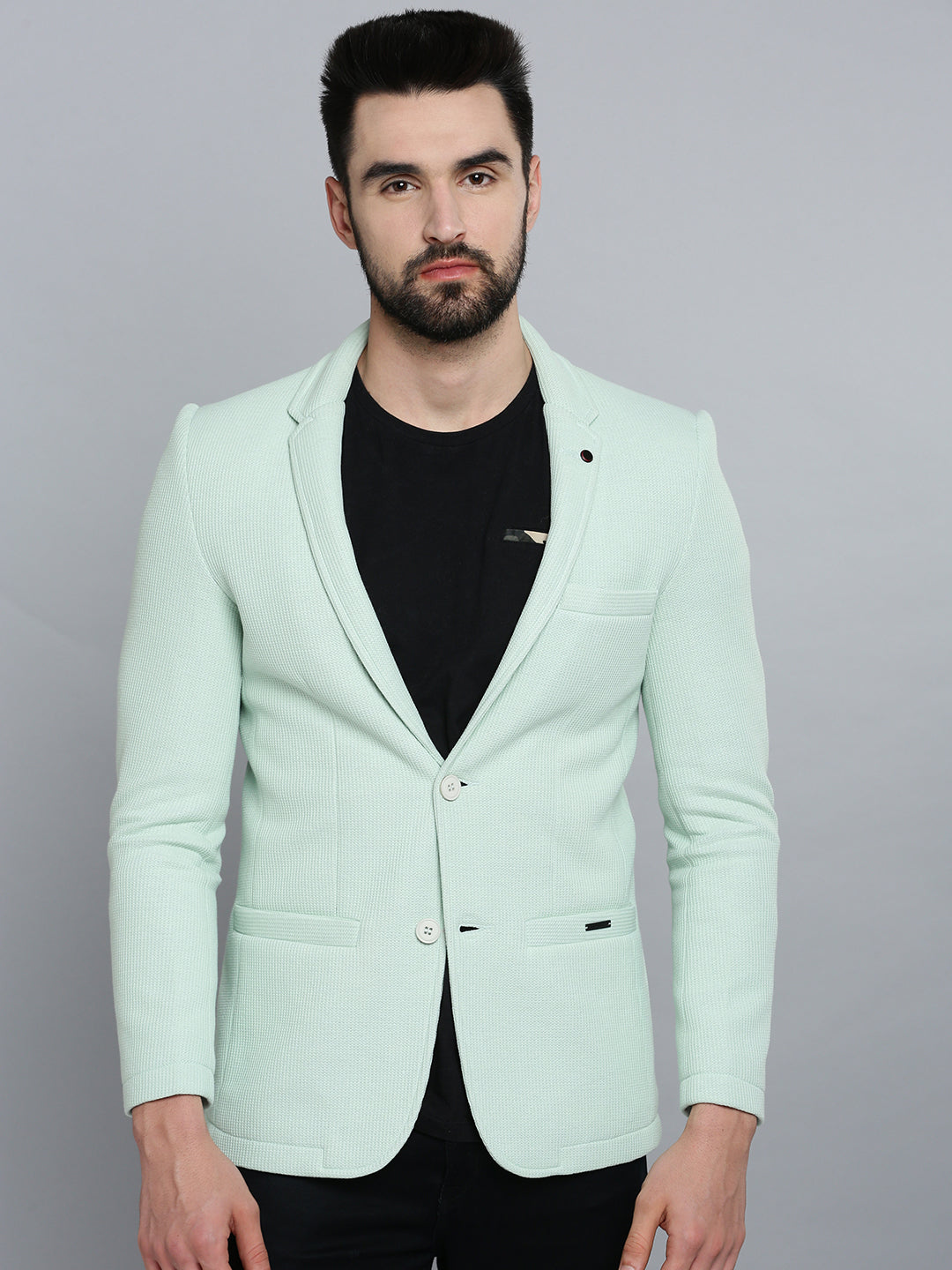 Men Sea Green Solid Single Breasted Blazer