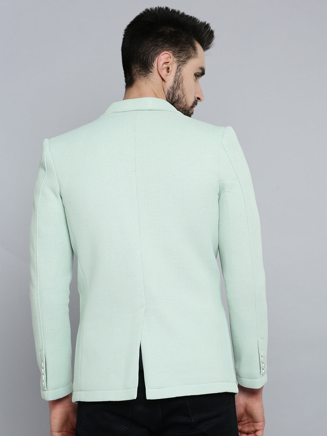 Men Sea Green Solid Single Breasted Blazer