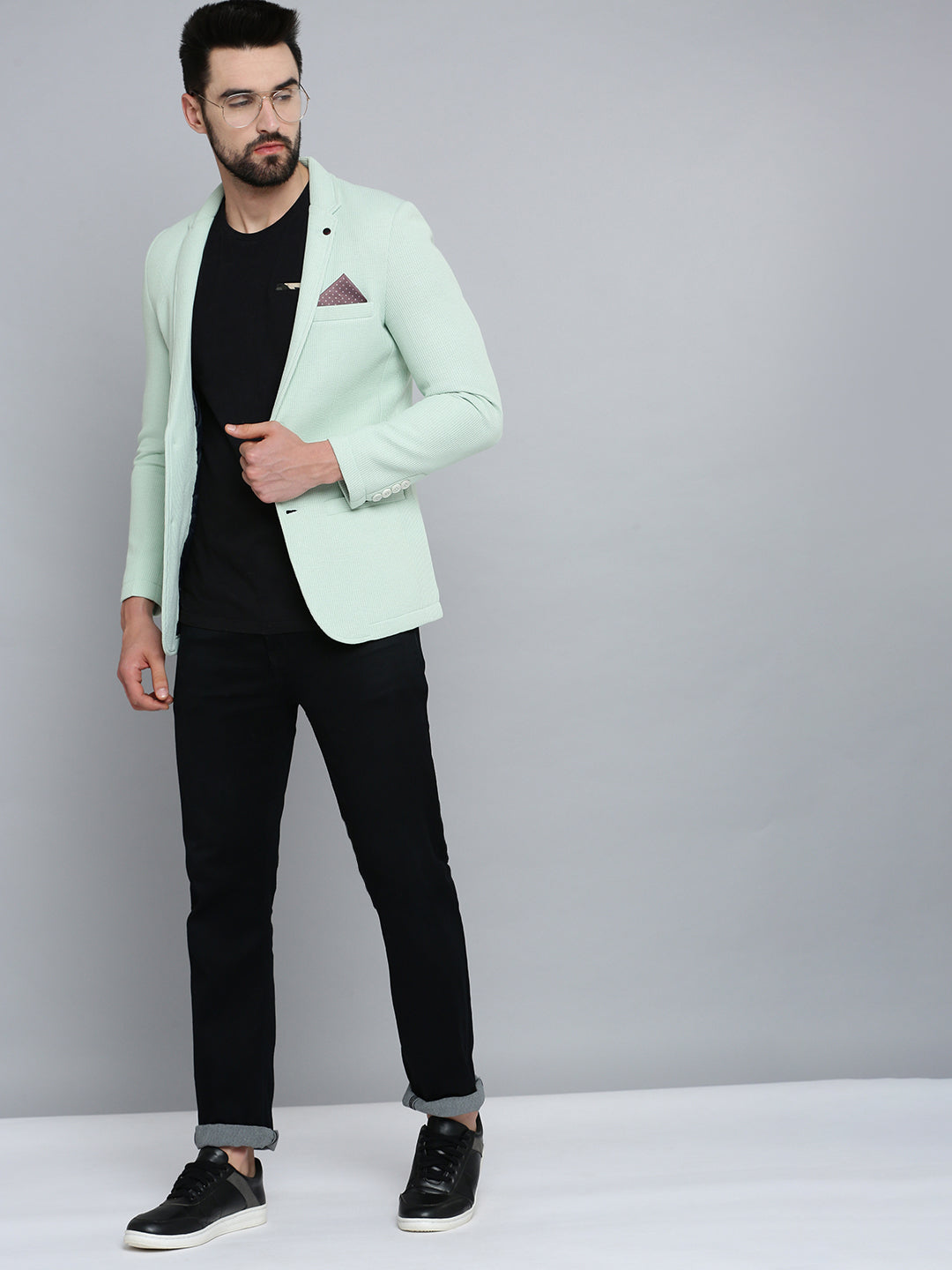 Men Sea Green Solid Single Breasted Blazer