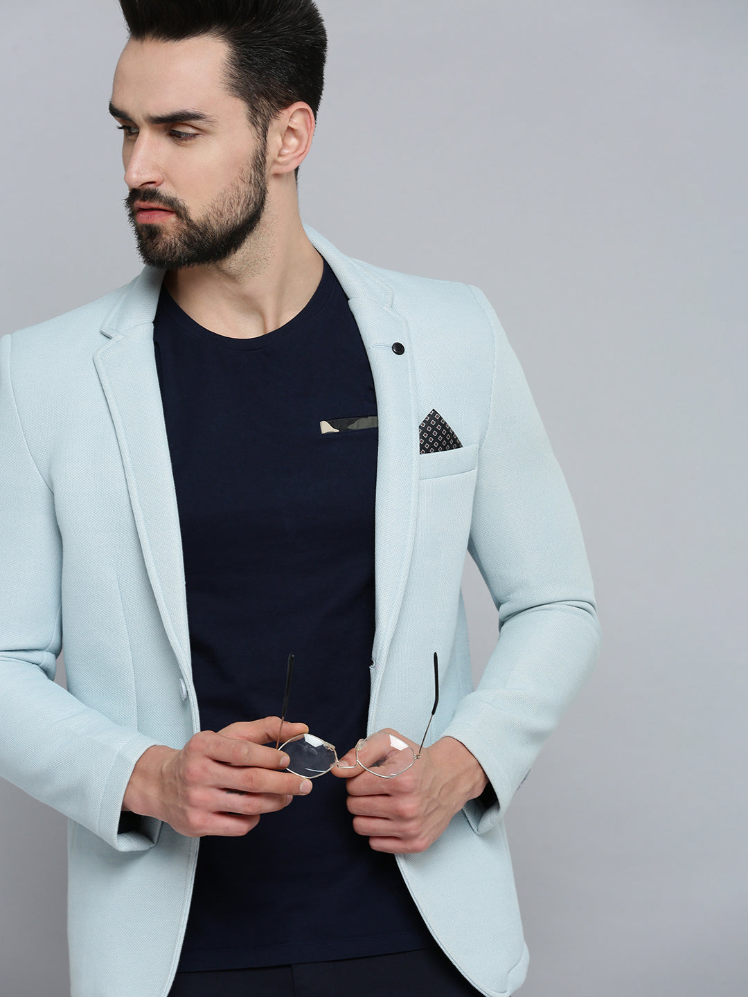 Men Blue Solid Single Breasted Blazer