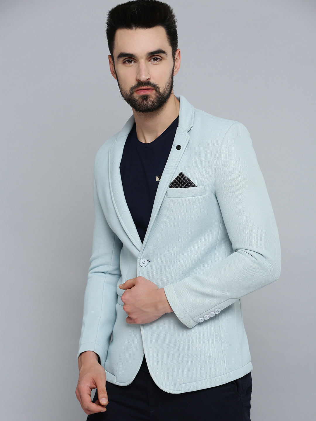 Men Blue Solid Single Breasted Blazer