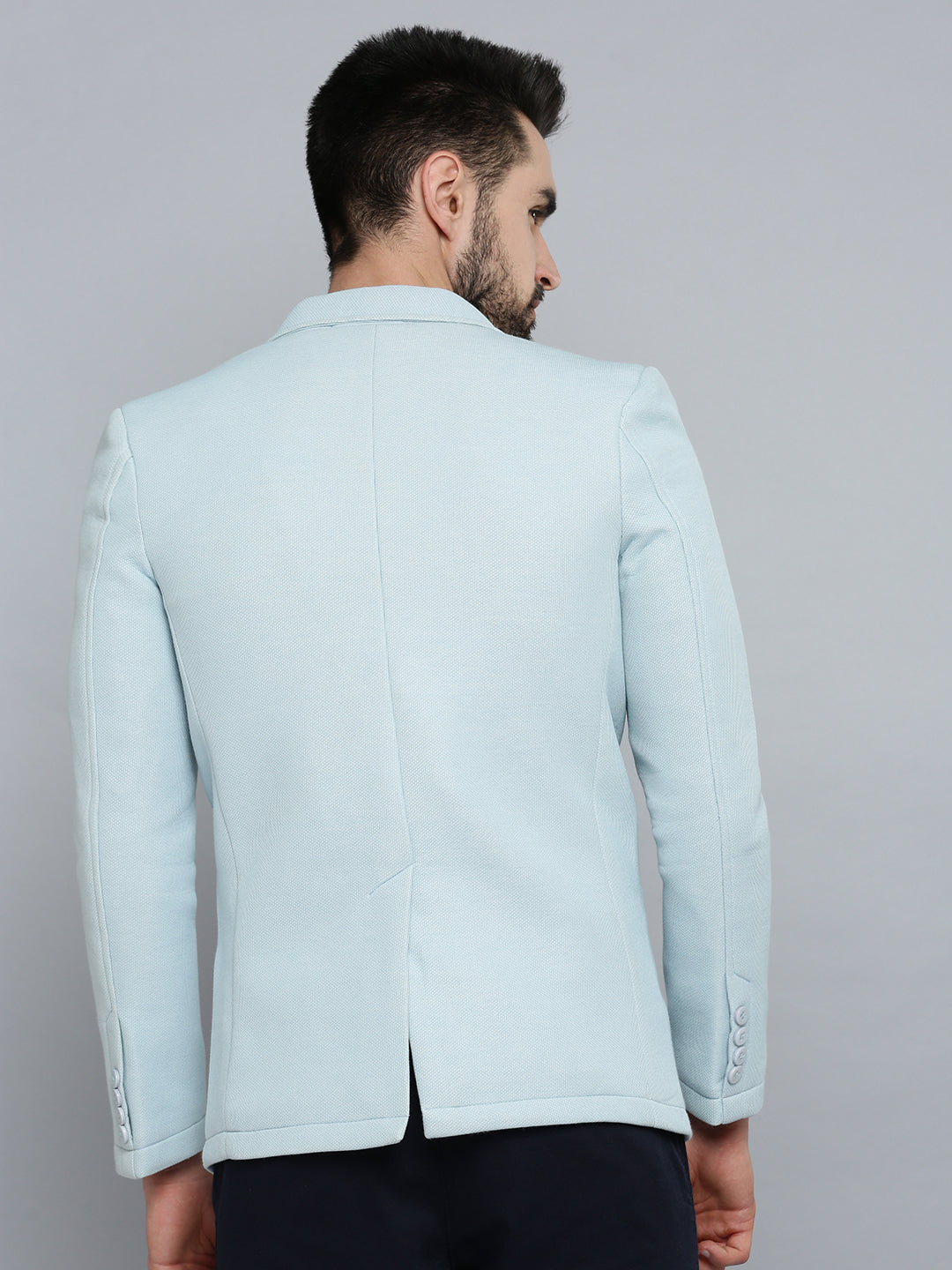 Men Blue Solid Single Breasted Blazer