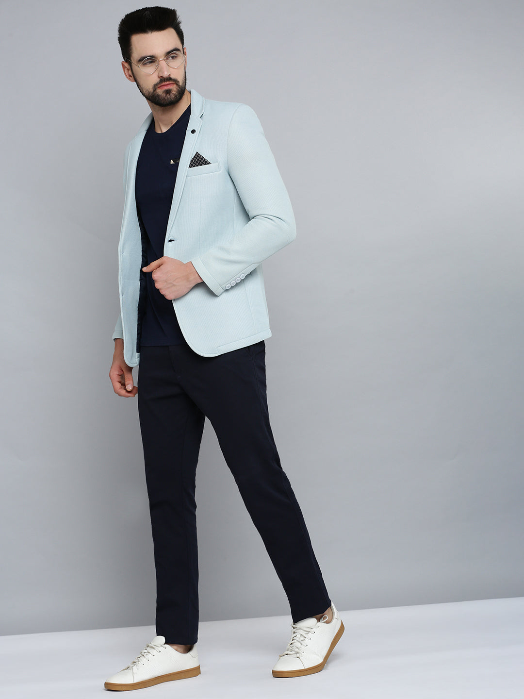 Men Blue Solid Single Breasted Blazer