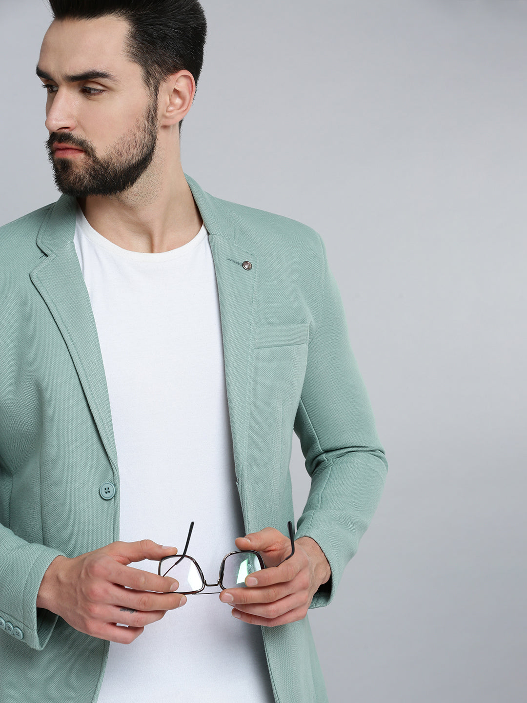 Men Green Solid Single Breasted Blazer