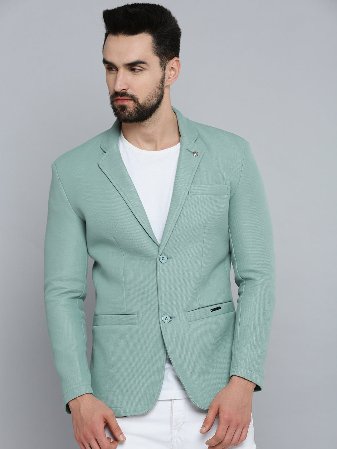 Men Green Solid Single Breasted Blazer