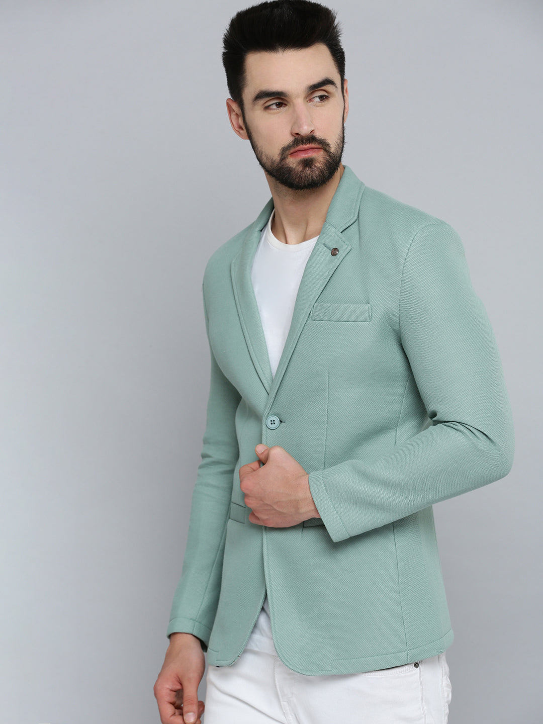 Men Green Solid Single Breasted Blazer