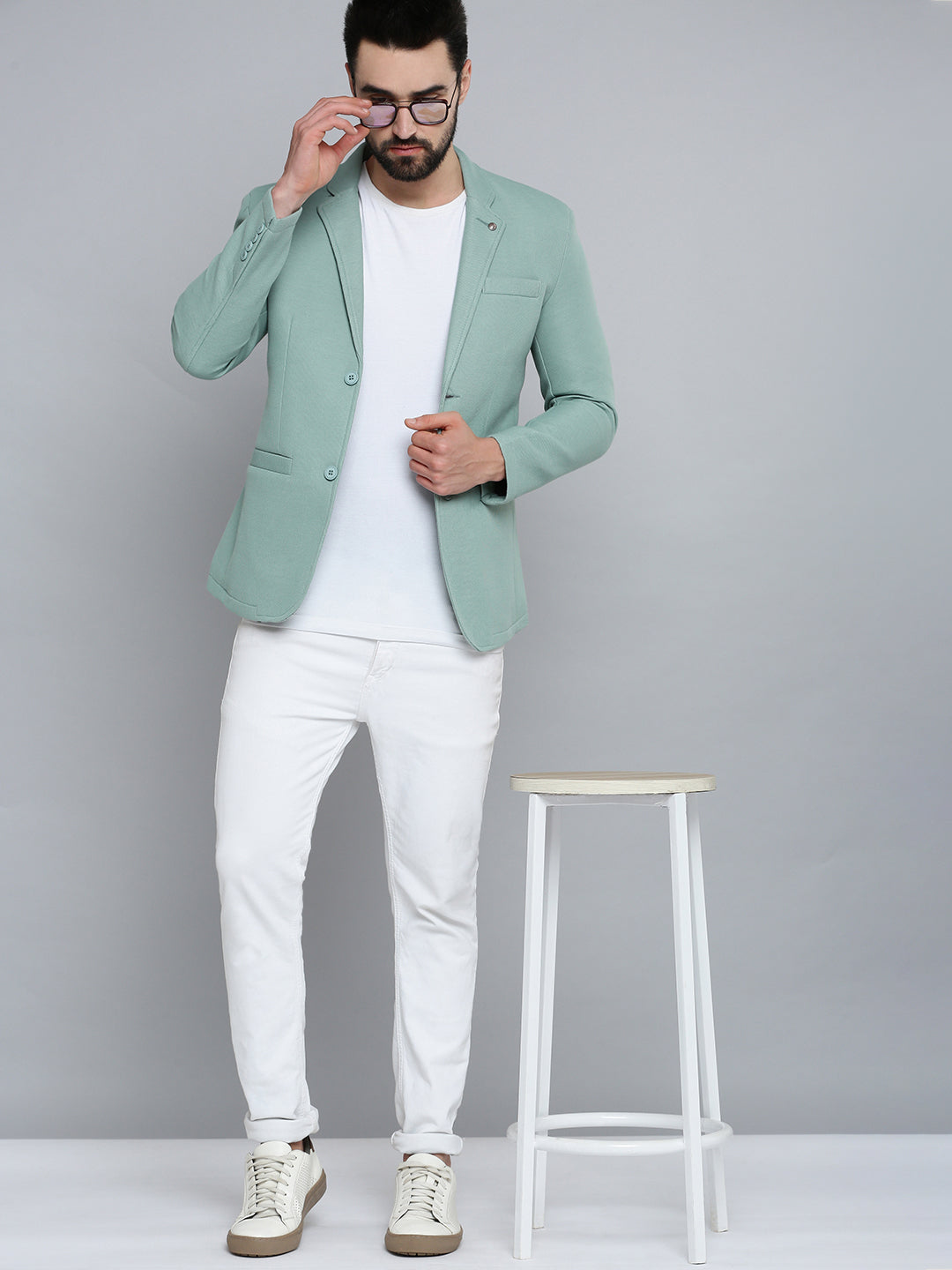 Men Green Solid Single Breasted Blazer