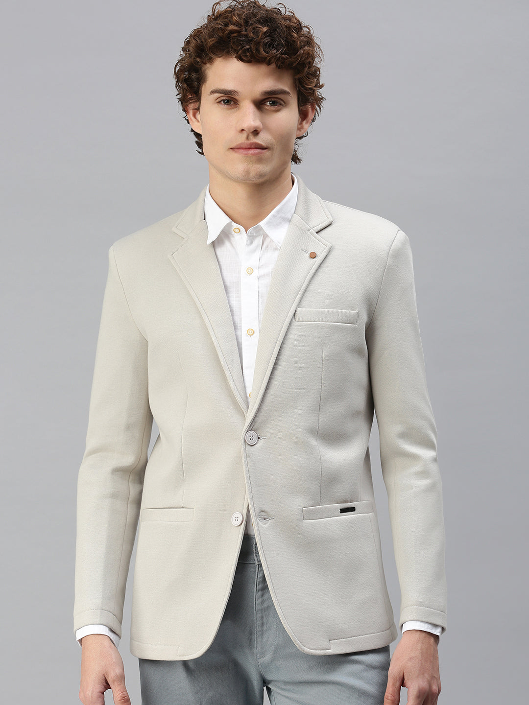 Men's Solid Grey Single Breasted Blazer