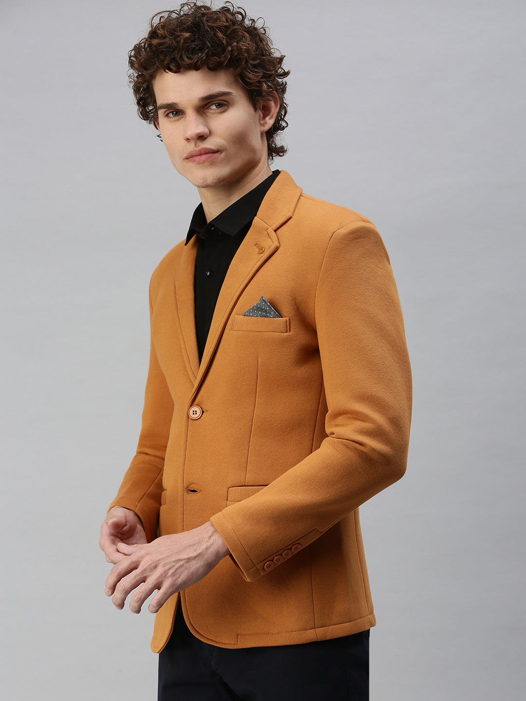 Men Mustard Solid Single Breasted Blazer