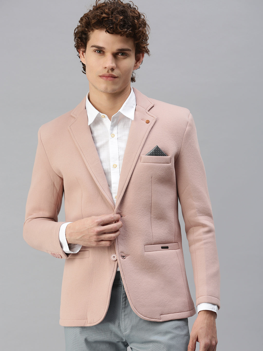 Men Pink Solid Single Breasted Blazer