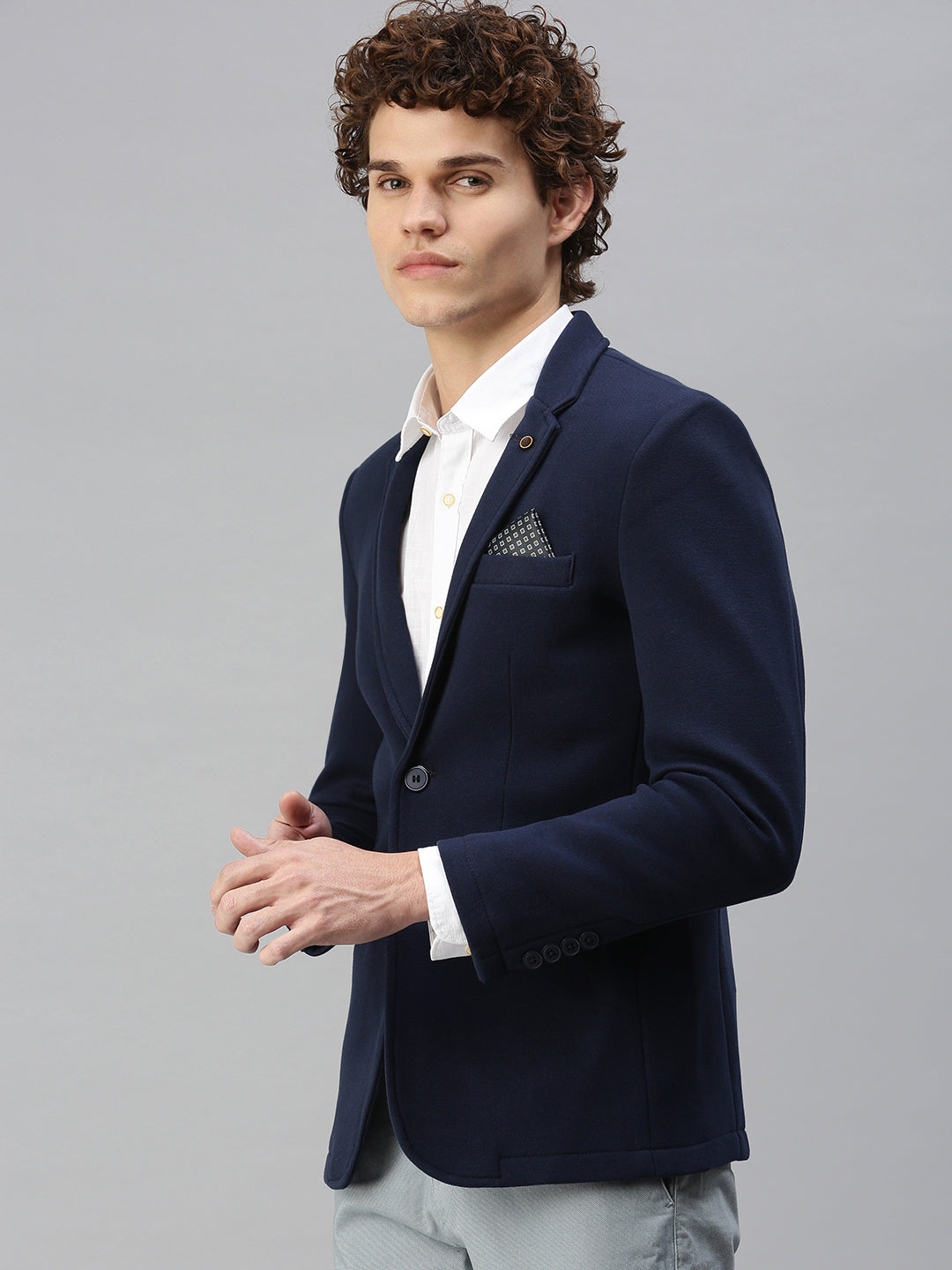 Men's Solid Navy Blue Single Breasted Blazer