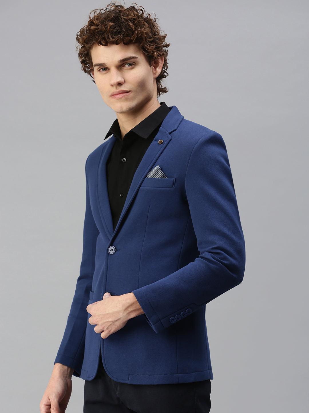 Men's Solid Blue Single Breasted Blazer