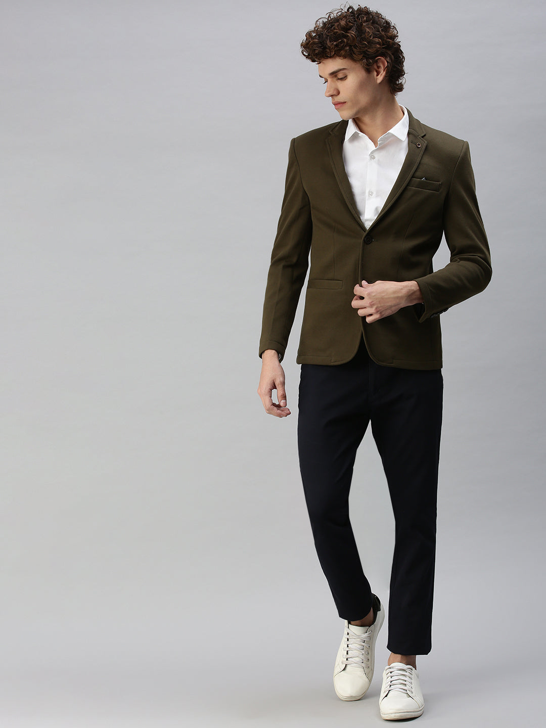 Men's Solid Olive Single Breasted Blazer