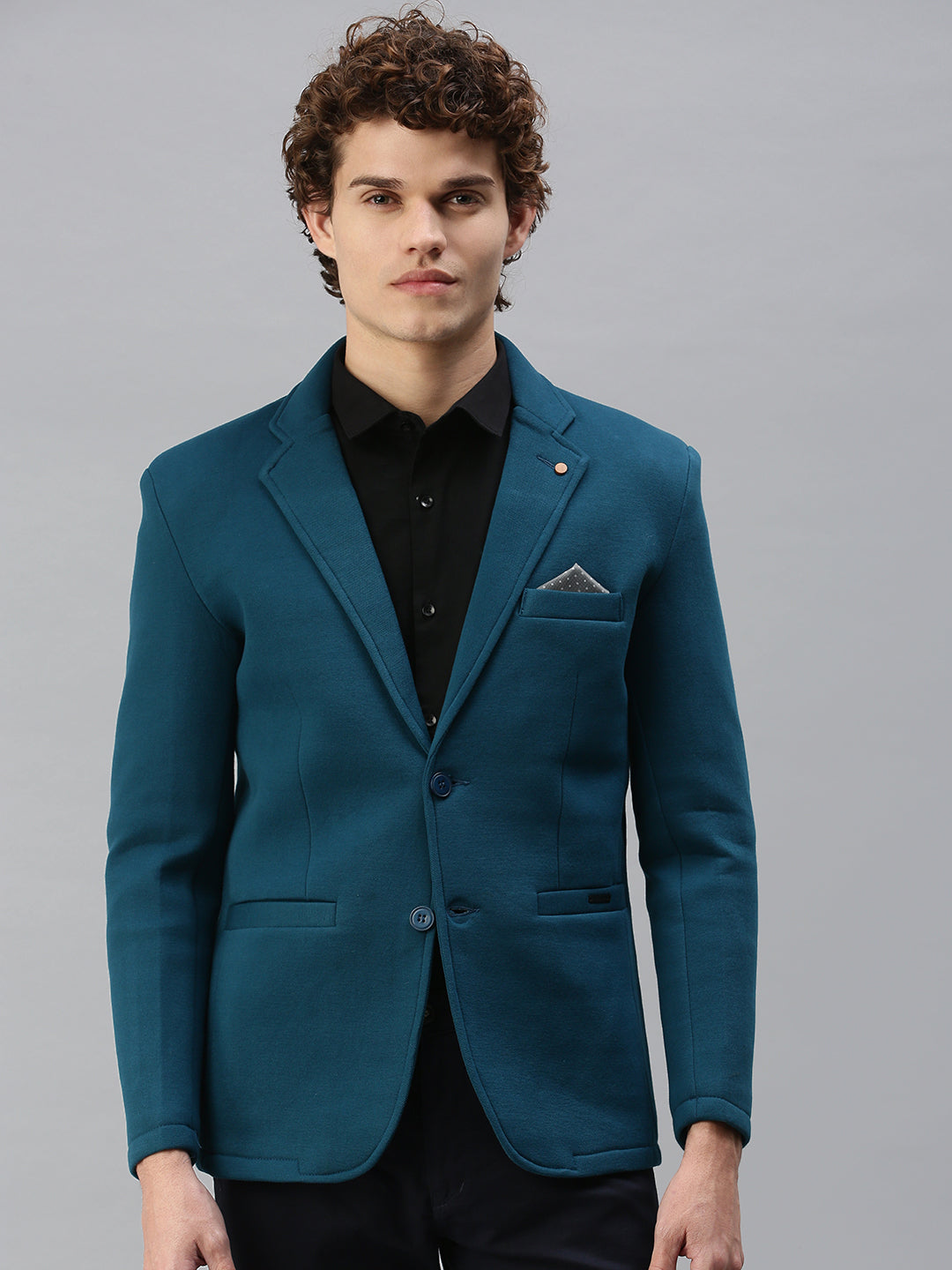 Men Turquoise Blue Solid Single Breasted Blazer